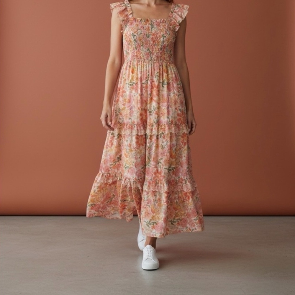 Haute Hippie Style Peach Floral Ruffle Tiered Maxi Cotton Dress